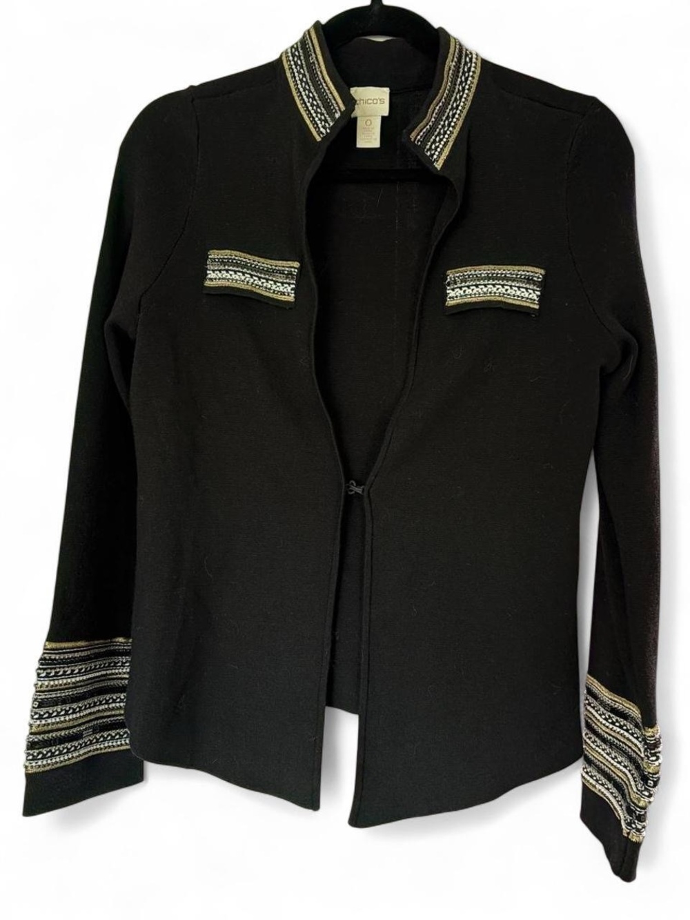 Chico's Black Knit Jacket with Striped Embellished Trim